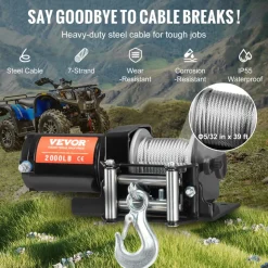 VEVOR Electric Winch, 2000 lb Line Pull Capacity, 12V DC ATV/UTV Winch with Φ5/32 in x 39 ft 7 Strands Steel Cable Roller Fairlead Wired Remote Control, IP55 Waterproof for Towing UTV ATV Off-Road