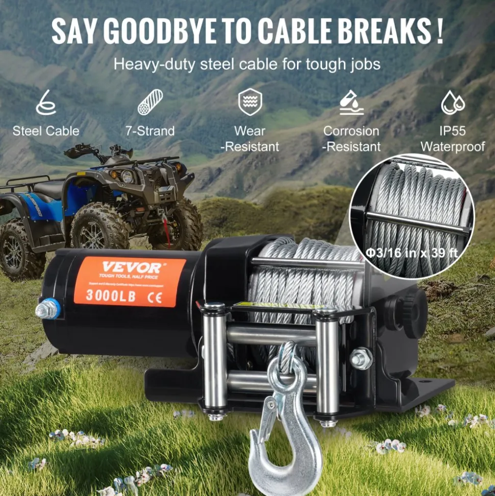 VEVOR Electric Winch, 3000 lb Line Pull Capacity, 12V DC ATV/UTV Winch with Φ3/16 in x 39 ft 7 Strands Steel Cable Roller Fairlead Wired Remote Control, IP55 Waterproof for Towing UTV ATV Off-Road