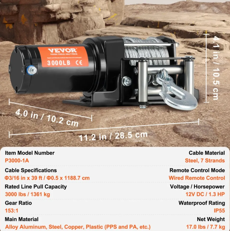 VEVOR Electric Winch, 3000 lb Line Pull Capacity, 12V DC ATV/UTV Winch with Φ3/16 in x 39 ft 7 Strands Steel Cable Roller Fairlead Wired Remote Control, IP55 Waterproof for Towing UTV ATV Off-Road