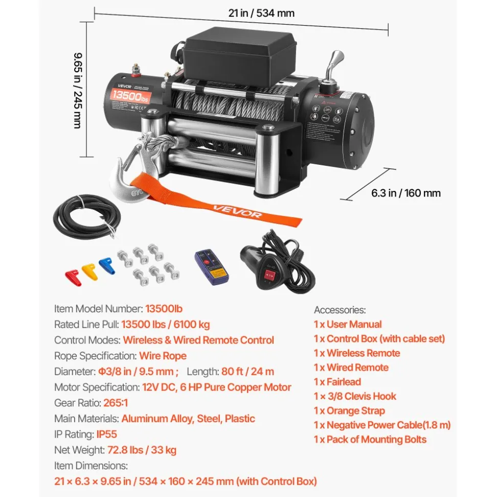 VEVOR Electric Winch, 13500 lbs Load Capacity, 12V DC Truck Winch with Φ3/8 in x 80 ft Steel Rope, Wireless & Wired Remote Control, IP55 Waterproof for Towing SUV Jeep Trailer Boat Off-Road Vehicle