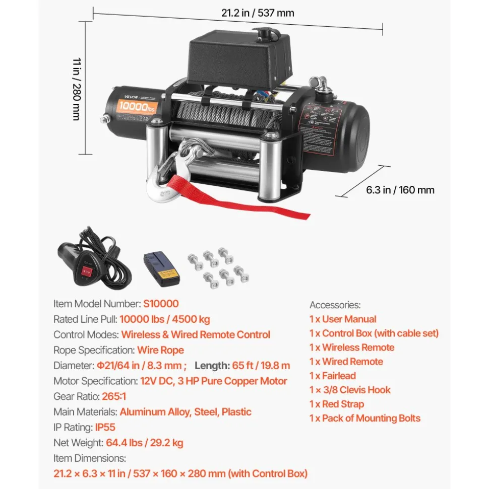 VEVOR Electric Winch, 10000 lbs Load Capacity, 12V DC Truck Winch with Φ21/64 in x 65 ft Steel Rope, Wireless & Wired Remote Control, IP55 Waterproof for Towing SUV Jeep Trailer Boat Off-Road Vehicle