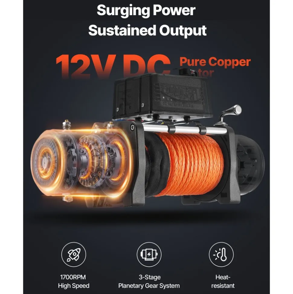 VEVOR Electric Winch, 12000 lbs Load Capacity, 12V DC Truck Winch with Φ0.36 in x 75.5 ft Synthetic Rope, Wireless & Wired Remote Control, IP55 Waterproof for Towing Off-Road SUV Jeep Trailer Boat