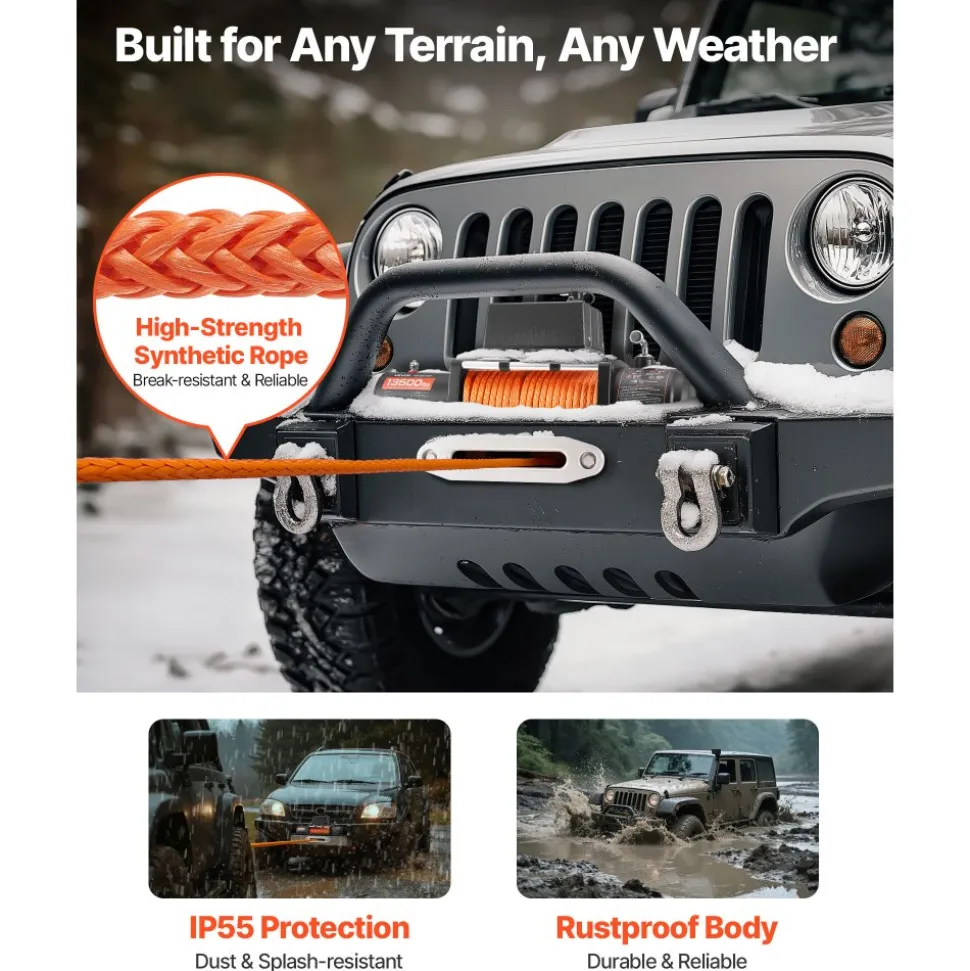 VEVOR Electric Winch, 13500 lbs Load Capacity, 12V DC Truck Winch with Φ3/8 in x 80 ft Synthetic Rope, Wireless & Wired Remote Control, Suitable for Towing Off-Road SUV Jeep Trailer Boat