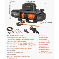 VEVOR Electric Winch, 13500 lbs Load Capacity, 12V DC Truck Winch with Φ3/8 in x 85 ft Synthetic Rope, Wireless & Wired Remote Control, IP55 Waterproof for Towing Off-Road SUV Jeep Trailer Boat