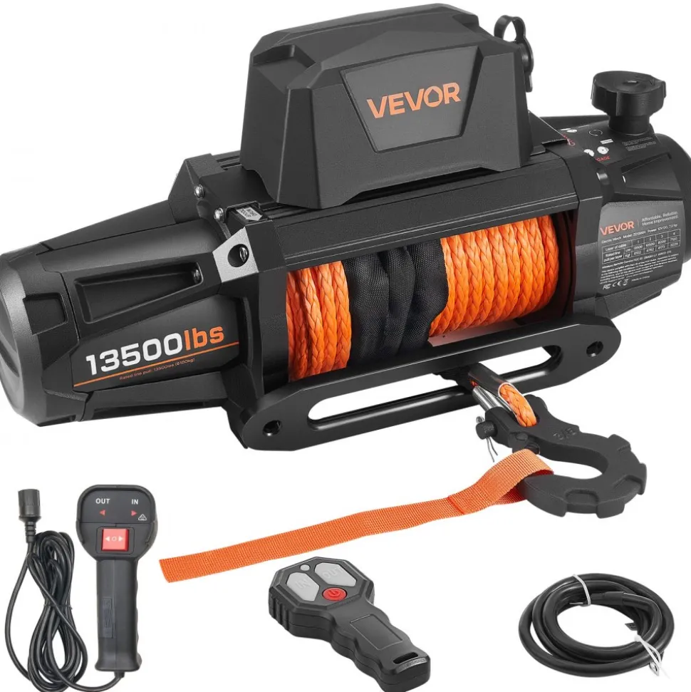 VEVOR Electric Winch, 13500 lbs Load Capacity, 12V DC Truck Winch with Φ3/8 in x 85 ft Synthetic Rope, Wireless & Wired Remote Control, IP55 Waterproof for Towing Off-Road SUV Jeep Trailer Boat