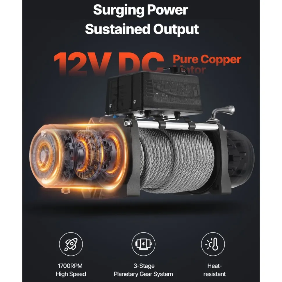 VEVOR Electric Winch, 12000 lbs Load Capacity, 12V DC Truck Winch with Φ7/20 in x 85 ft Steel Rope, Wireless & Wired Remote Control, Suitable for Towing SUV Jeep Trailer Boat Off-Road Vehicle