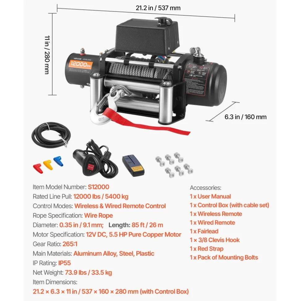 VEVOR Electric Winch, 12000 lbs Load Capacity, 12V DC Truck Winch with Φ7/20 in x 85 ft Steel Rope, Wireless & Wired Remote Control, Suitable for Towing SUV Jeep Trailer Boat Off-Road Vehicle