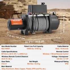 VEVOR Electric Winch, 18,000 lb, 12V DC Truck Winch with Φ7/16 in x 85 ft Steel Cable Roller Fairlead Wireless & Wired Remote Control, IP55 Waterproof for Towing Off-Road SUV Jeep Truck Trailer Boat
