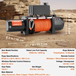 VEVOR Electric Winch, 10,000 lb, 12V DC Truck Winch with Φ7/20 in x 65 ft Synthetic Rope Aluminum Fairlead Wireless & Wired Remote Control, IP55 Waterproof for Towing Off-Road SUV Jeep Trailer Boat
