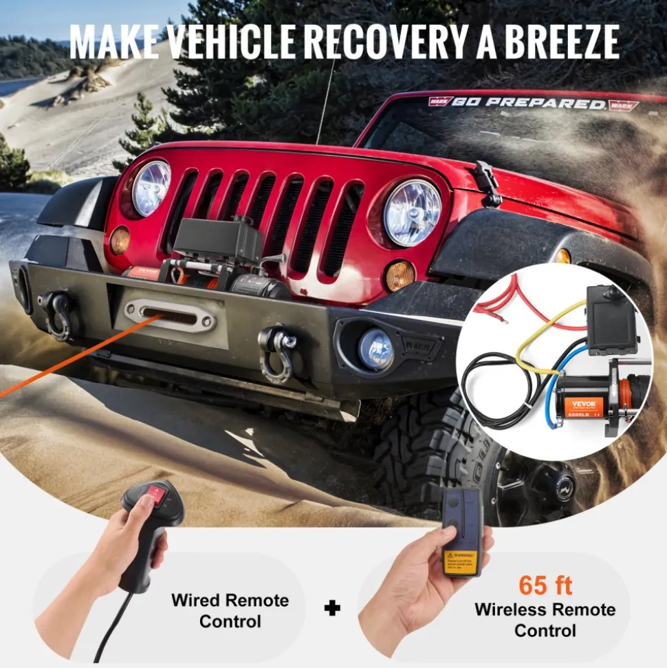 VEVOR Electric Winch, 6000 lb, 12V DC Truck Winch with Φ1/4 in x 55 ft Synthetic Rope Aluminum Fairlead Wireless & Wired Remote Control, IP55 Waterproof for Towing Off-Road SUV Truck Jeep Trailer Boat