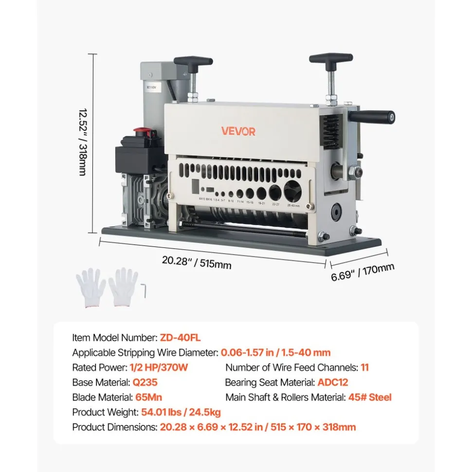 VEVOR Electric Wire Stripper Machine, 0.06-1.57 in, 11 Channel Automatic Copper Cable Stripper, 370W Wire Stripper Tool with Manual Hand Crank Mode, Emergency Stop Button, for Scrap Copper Recycling