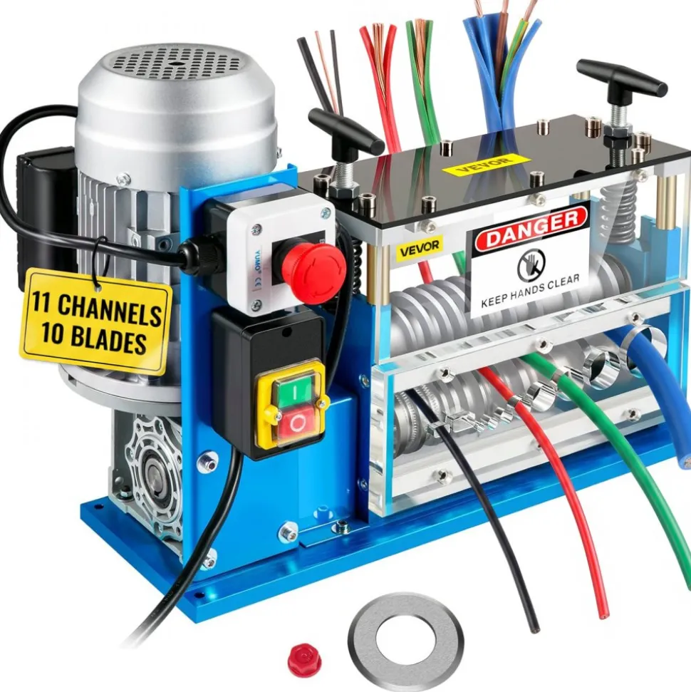 VEVOR Electric Wire Stripping Machine, 370W 0.06 inch -1.5 inch Automatic Motorized Cable Stripper with 75 ft/min Speed, 11 Channels 10 Blades Strip Machinery, Scrap Handling Tool for Recycling Copper