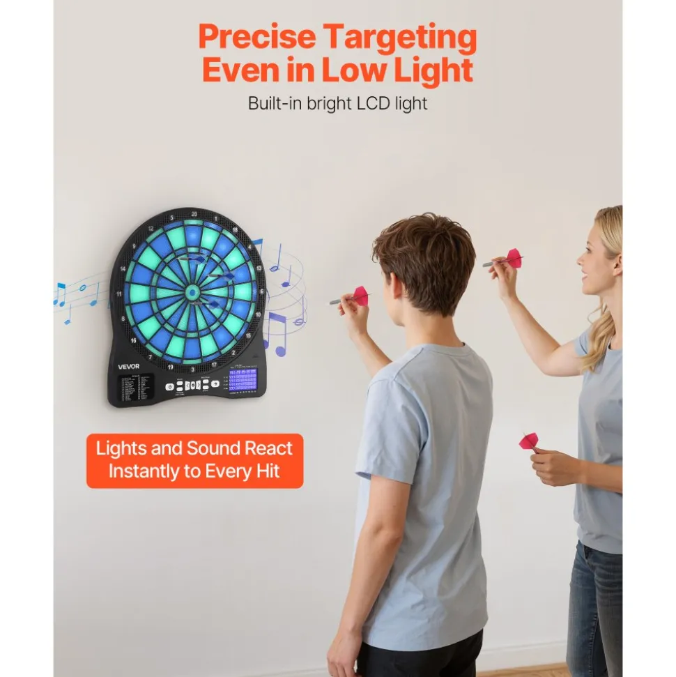 VEVOR Electronic Dart Board, LED-Illuminated Target Dartboard with 48 Games & 500+ Variations, Includes 6 Dart Shafts with Flights & 50 Soft Tips, Cricket Scoring LCD Screen - Supports Up to 8 Players
