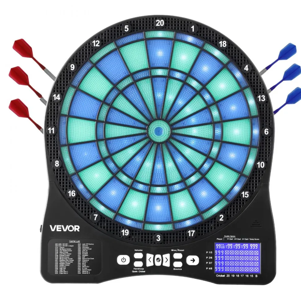 VEVOR Electronic Dart Board, LED-Illuminated Target Dartboard with 48 Games & 500+ Variations, Includes 6 Dart Shafts with Flights & 50 Soft Tips, Cricket Scoring LCD Screen - Supports Up to 8 Players