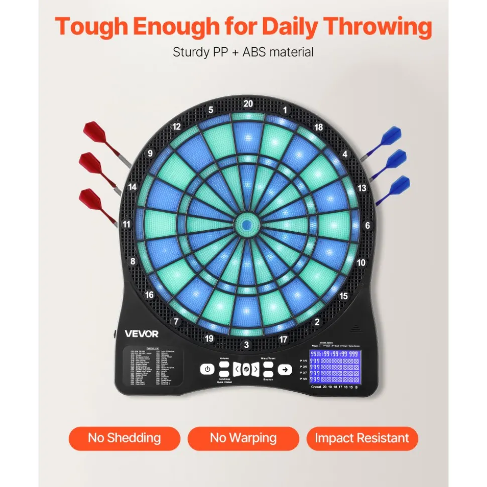 VEVOR Electronic Dart Board, LED-Illuminated Target Dartboard with 48 Games & 500+ Variations, Includes 6 Dart Shafts with Flights & 50 Soft Tips, Cricket Scoring LCD Screen - Supports Up to 8 Players
