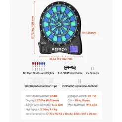 VEVOR Electronic Dart Board, LED-Illuminated Target Dartboard with 48 Games & 500+ Variations, Includes 6 Dart Shafts with Flights & 50 Soft Tips, Cricket Scoring LCD Screen - Supports Up to 8 Players