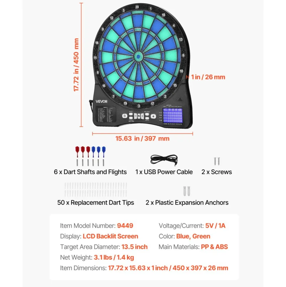 VEVOR Electronic Dart Board, LED-Illuminated Target Dartboard with 48 Games & 500+ Variations, Includes 6 Dart Shafts with Flights & 50 Soft Tips, Cricket Scoring LCD Screen - Supports Up to 8 Players