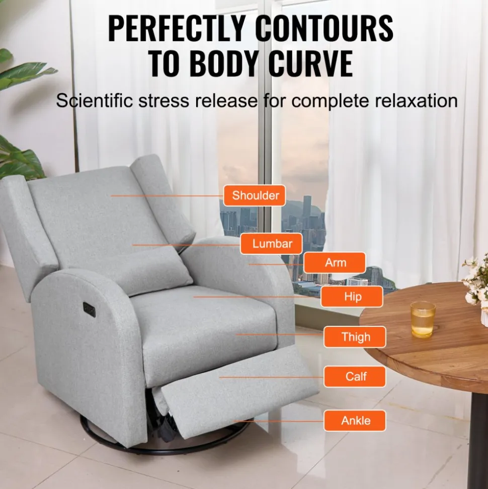 VEVOR Electronic Power Recliner and Swivel Glider, 250 lbs Weight Capacity Swivel Glider Recliner Chair with USB Port, Polyester Surface Swivel Rocker Recliner for Living Room, Bedroom, Light Gray