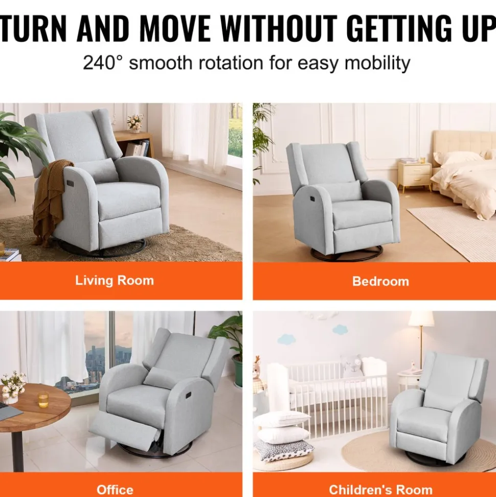 VEVOR Electronic Power Recliner and Swivel Glider, 250 lbs Weight Capacity Swivel Glider Recliner Chair with USB Port, Polyester Surface Swivel Rocker Recliner for Living Room, Bedroom, Light Gray