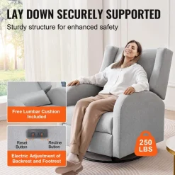 VEVOR Electronic Power Recliner and Swivel Glider, 250 lbs Weight Capacity Swivel Glider Recliner Chair with USB Port, Polyester Surface Swivel Rocker Recliner for Living Room, Bedroom, Light Gray