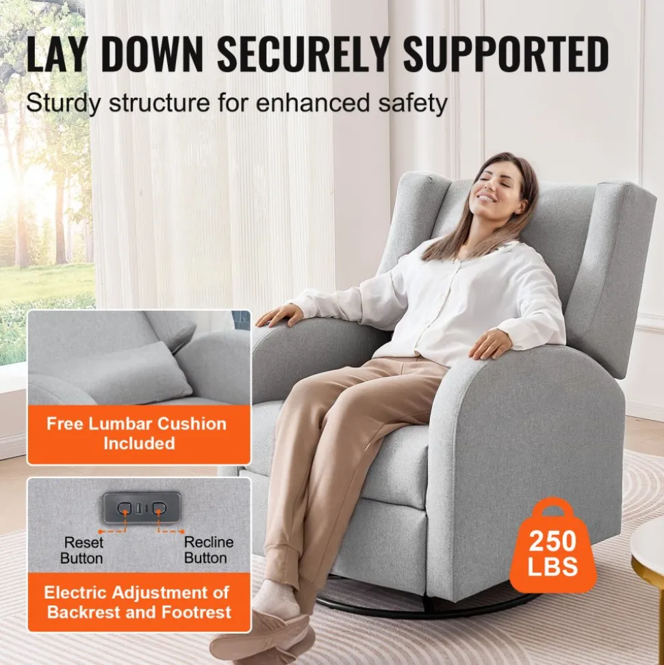VEVOR Electronic Power Recliner and Swivel Glider, 250 lbs Weight Capacity Swivel Glider Recliner Chair with USB Port, Polyester Surface Swivel Rocker Recliner for Living Room, Bedroom, Light Gray