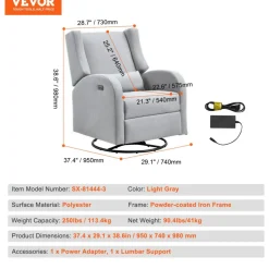 VEVOR Electronic Power Recliner and Swivel Glider, 250 lbs Weight Capacity Swivel Glider Recliner Chair with USB Port, Polyester Surface Swivel Rocker Recliner for Living Room, Bedroom, Light Gray