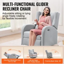 VEVOR Electronic Power Recliner and Swivel Glider, 250 lbs Weight Capacity Swivel Glider Recliner Chair with USB Port, Polyester Surface Swivel Rocker Recliner for Living Room, Bedroom, Light Gray