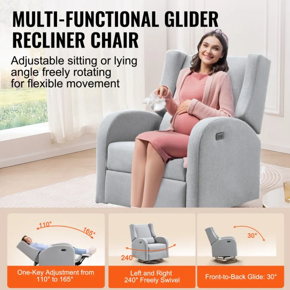 VEVOR Electronic Power Recliner and Swivel Glider, 250 lbs Weight Capacity Swivel Glider Recliner Chair with USB Port, Polyester Surface Swivel Rocker Recliner for Living Room, Bedroom, Light Gray