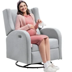 VEVOR Electronic Power Recliner and Swivel Glider, 250 lbs Weight Capacity Swivel Glider Recliner Chair with USB Port, Polyester Surface Swivel Rocker Recliner for Living Room, Bedroom, Light Gray
