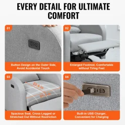 VEVOR Electronic Power Recliner and Swivel Glider, 250 lbs Weight Capacity Swivel Glider Recliner Chair with USB Port, Polyester Surface Swivel Rocker Recliner for Living Room, Bedroom, Light Gray