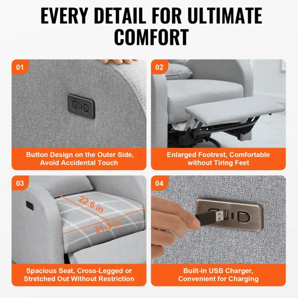 VEVOR Electronic Power Recliner and Swivel Glider, 250 lbs Weight Capacity Swivel Glider Recliner Chair with USB Port, Polyester Surface Swivel Rocker Recliner for Living Room, Bedroom, Light Gray
