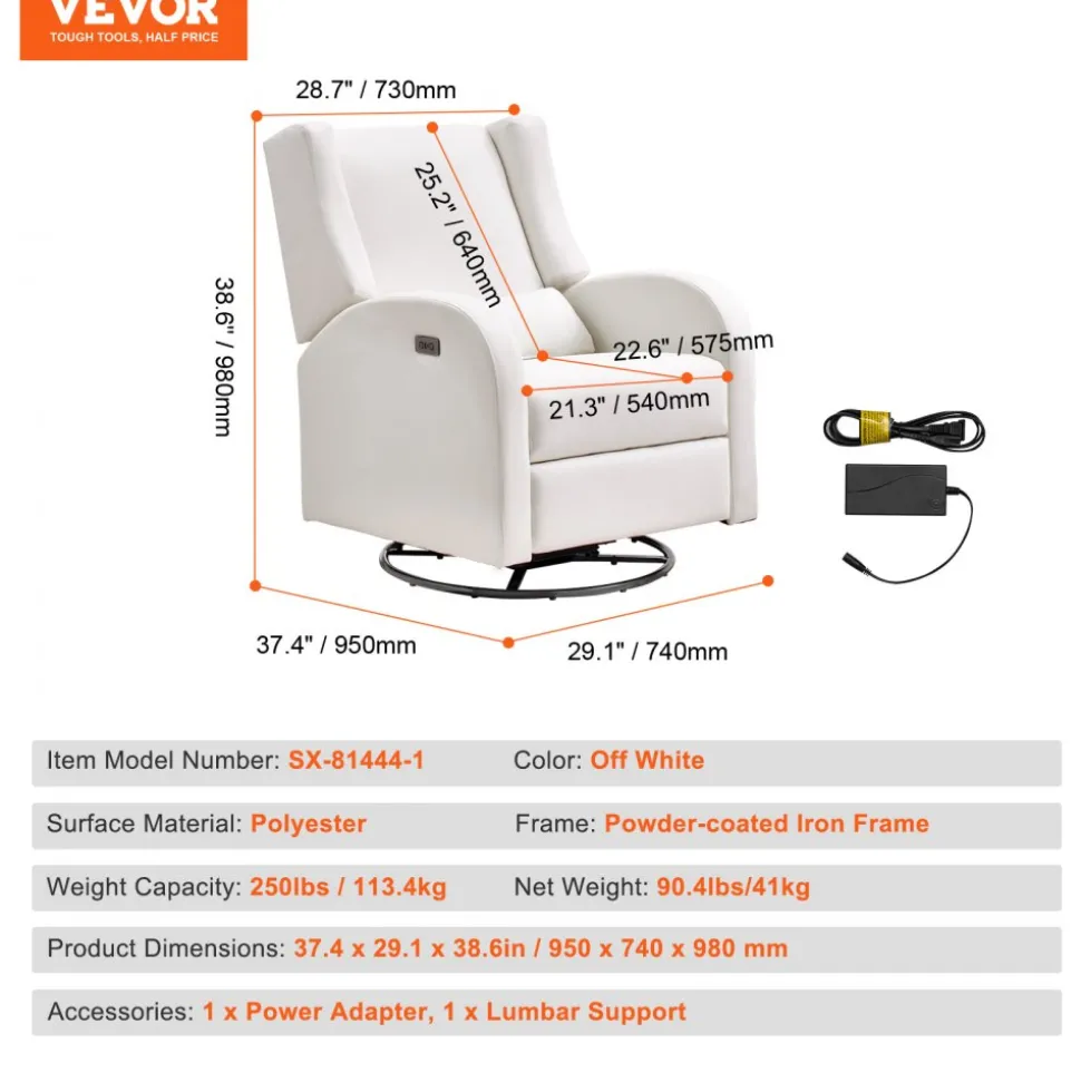 VEVOR Electronic Power Recliner and Swivel Glider, 250 lbs Weight Capacity Swivel Glider Recliner Chair with USB Port, Polyester Surface Swivel Rocker Recliner for Living Room, Bedroom, Off White