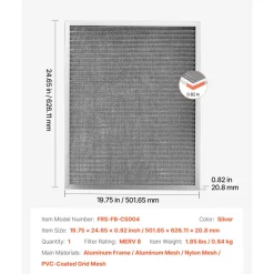 VEVOR Electrostatic Air Filter, 20x25x1 inch Washable & Reusable Aluminum AC/HVAC Furnace Filter, MERV 8 Long Lifetime, Home or Office (Actual Size: 19.75 x 24.65 x 0.82 in)