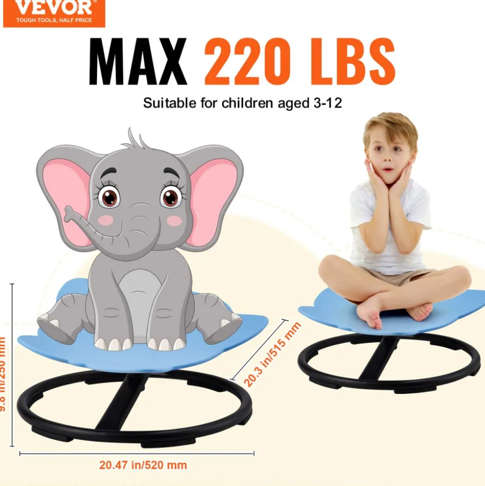 VEVOR Elephant Kids Swivel Chair, 220 LBS Capacity, 360° Spinning Chair, Autistic Kids Sensory Toy Chair with Non-Slip Metal Base, Toddler Sit and Spin Chair for Coordination Balance Focus Blue