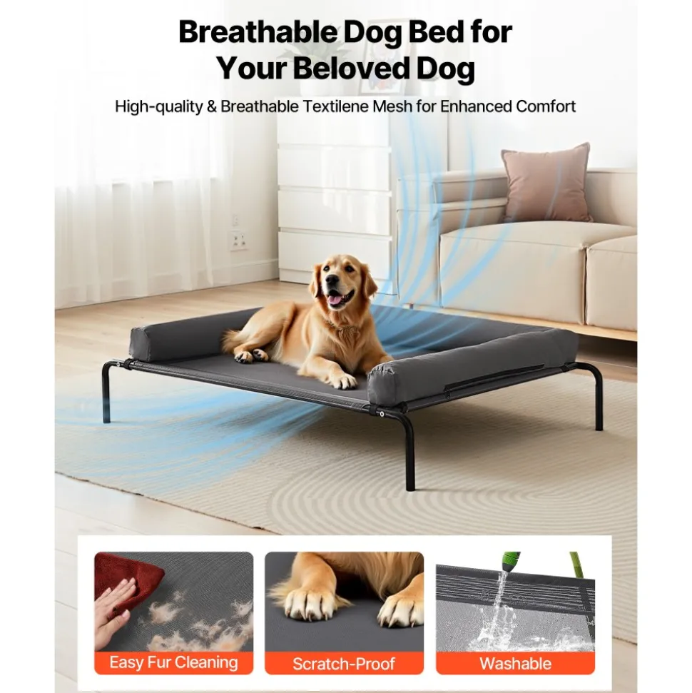 VEVOR Elevated Dog Bed for Large Dogs, Portable Raised Dog Cot with Washable Pillow, Indoor & Outdoor Pet Cooling Raised Hammock Bed with Steel Metal Frame and Breathable Teslin Mesh, XL, Gray