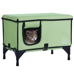 VEVOR Elevated Heated Cat House, Cuboid Kitty Shelter with Adjustable Temperature and Timer, 900D Oxford Cloth Foldable Cat Shelter with Heated Pad for Winter to Stay Warm and Cozy, Green (Middle)