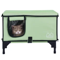 VEVOR Elevated Heated Cat House, Cuboid Kitty Shelter with Adjustable Temperature and Timer, 900D Oxford Cloth Foldable Cat Shelter with Heated Pad  for Winter to Stay Warm and Cozy, Green (Middle)