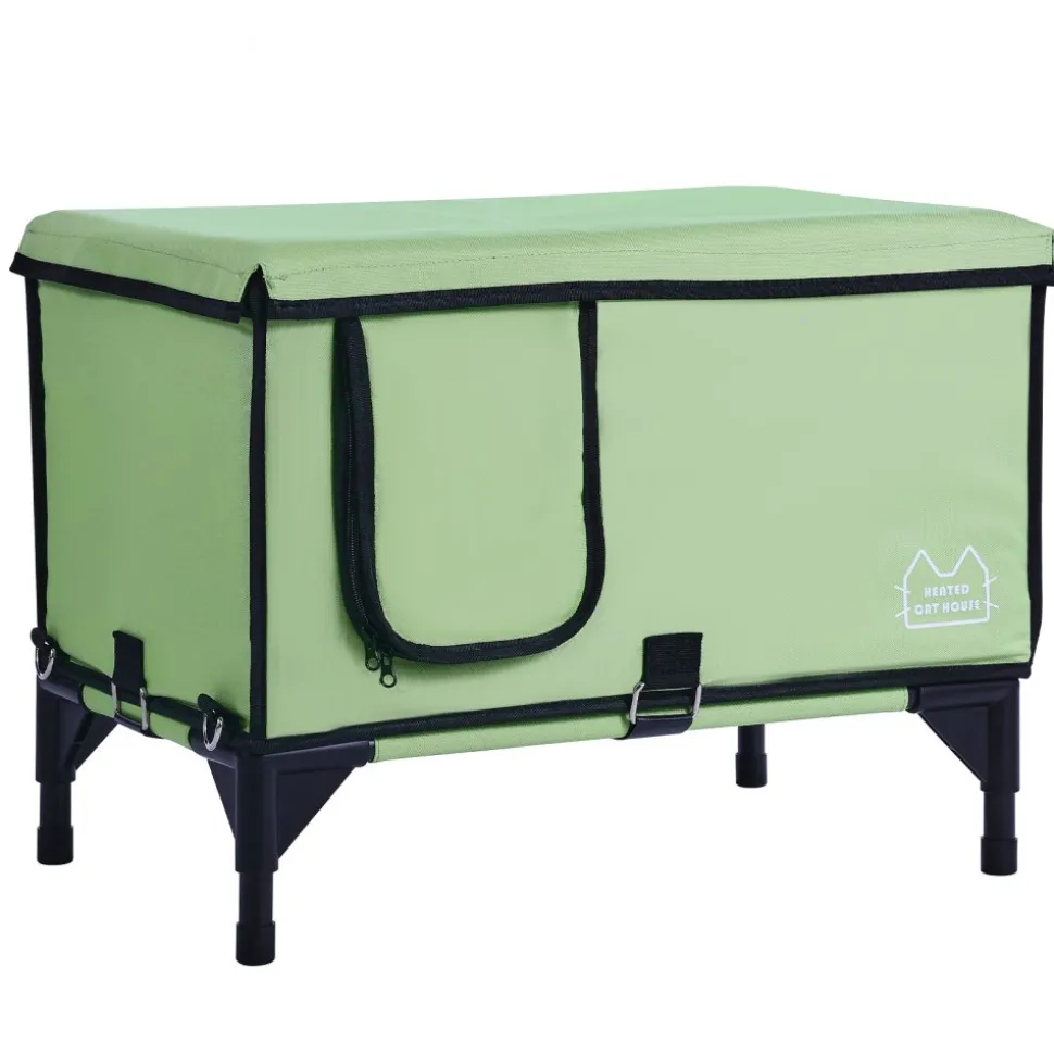 VEVOR Elevated Heated Cat House, Cuboid Kitty Shelter with Adjustable Temperature and Timer, 900D Oxford Cloth Foldable Cat Shelter with Heated Pad for Winter to Stay Warm and Cozy, Green (Large)