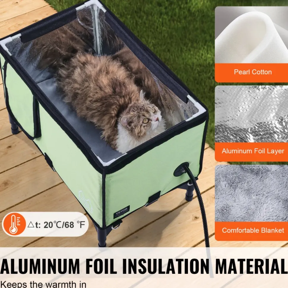 VEVOR Elevated Heated Cat House, Cuboid Kitty Shelter with Adjustable Temperature and Timer, 900D Oxford Cloth Foldable Cat Shelter with Heated Pad for Winter to Stay Warm and Cozy, Green (Large)