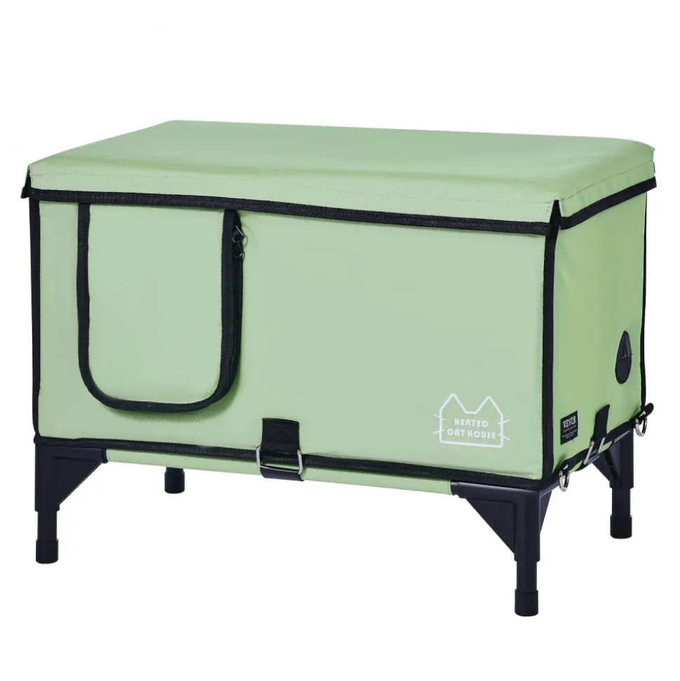 VEVOR Elevated Heated Cat House, Cuboid Kitty Shelter with Adjustable Temperature and Timer, 900D Oxford Cloth Foldable Cat Shelter with Heated Pad for Winter to Stay Warm and Cozy, Green (Large)