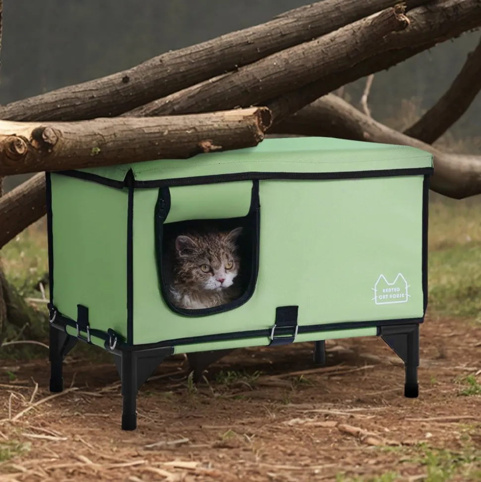VEVOR Elevated Heated Cat House, Cuboid Kitty Shelter with Adjustable Temperature and Timer, 900D Oxford Cloth Foldable Cat Shelter with Heated Pad for Winter to Stay Warm and Cozy, Green (Large)