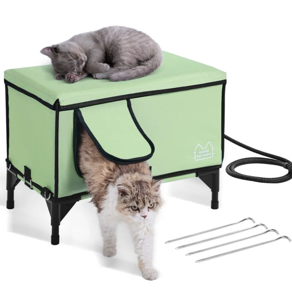 VEVOR Elevated Heated Cat House, Cuboid Kitty Shelter with Adjustable Temperature and Timer, 900D Oxford Cloth Foldable Cat Shelter with Heated Pad for Winter to Stay Warm and Cozy, Green (Large)