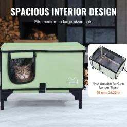 VEVOR Elevated Heated Cat House, Cuboid Kitty Shelter with Adjustable Temperature and Timer, 900D Oxford Cloth Foldable Cat Shelter with Heated Pad for Winter to Stay Warm and Cozy, Green (Large)