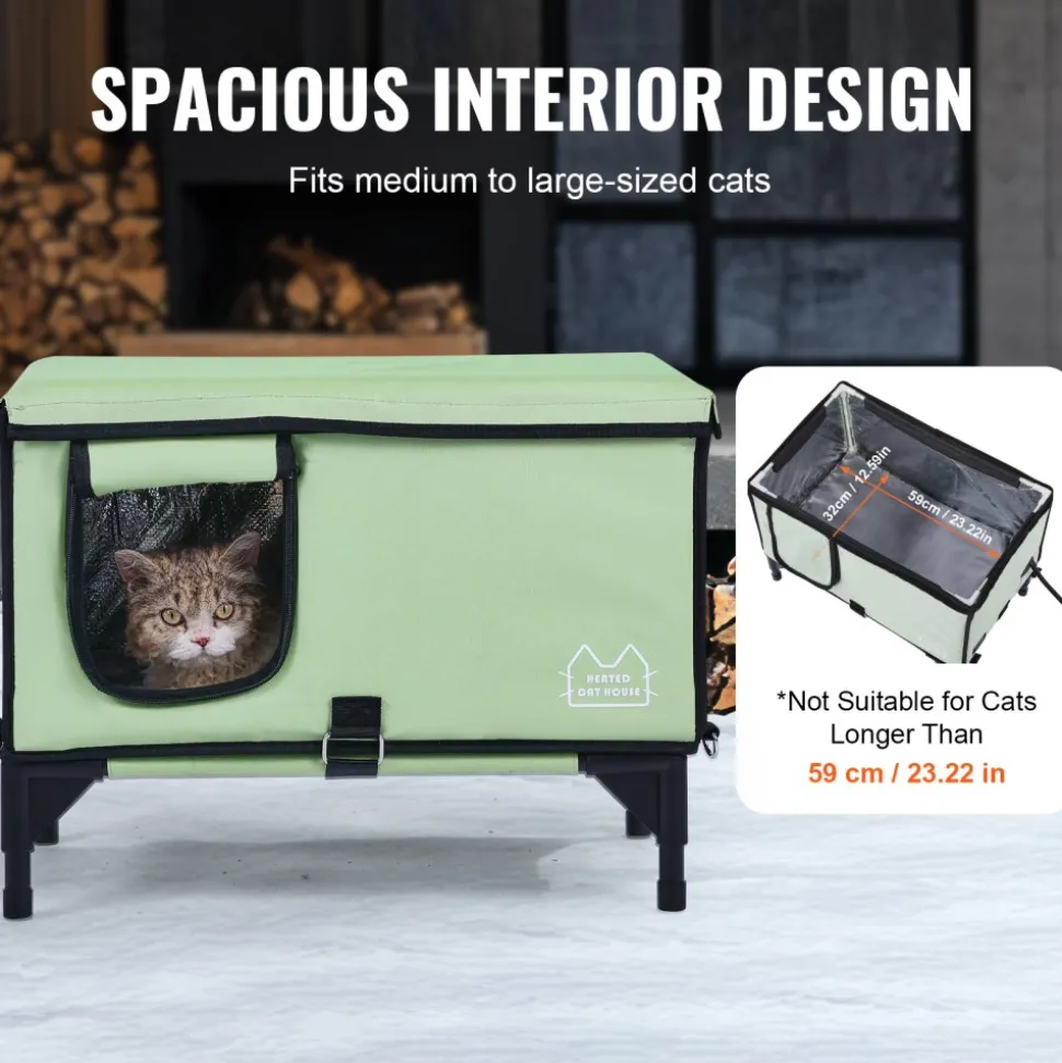 VEVOR Elevated Heated Cat House, Cuboid Kitty Shelter with Adjustable Temperature and Timer, 900D Oxford Cloth Foldable Cat Shelter with Heated Pad for Winter to Stay Warm and Cozy, Green (Large)