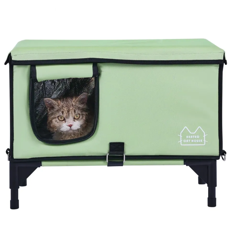 VEVOR Elevated Heated Cat House, Cuboid Kitty Shelter with Adjustable Temperature and Timer, 900D Oxford Cloth Foldable Cat Shelter with Heated Pad for Winter to Stay Warm and Cozy, Green (Large)