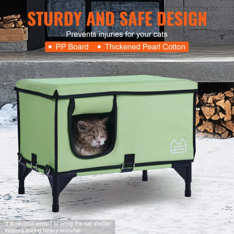VEVOR Elevated Heated Cat House, Cuboid Kitty Shelter with Adjustable Temperature and Timer, 900D Oxford Cloth Foldable Cat Shelter with Heated Pad for Winter to Stay Warm and Cozy, Green (Large)