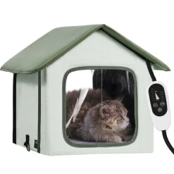 VEVOR Elevated Heated Cat House, Outdoor Kitty Shelter with Timer, 600D Oxford Cloth Foldable Cat Shelter with Heated Pad for Winter to Stay Warm and Cozy, Green (Small)