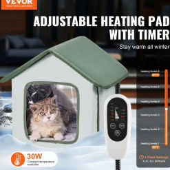 VEVOR Elevated Heated Cat House, Outdoor Kitty Shelter with Timer, 600D Oxford Cloth Foldable Cat Shelter with Heated Pad for Winter to Stay Warm and Cozy, Green (Small)