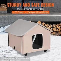 VEVOR Elevated Heated Cat House, Outdoor Kitty Shelter with Timer, 600D Oxford Cloth Foldable Cat Shelter with Heated Pad for Winter to Stay Warm and Cozy, Brown (Middle)