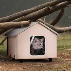 VEVOR Elevated Heated Cat House, Outdoor Kitty Shelter with Timer, 600D Oxford Cloth Foldable Cat Shelter with Heated Pad for Winter to Stay Warm and Cozy, Brown (Middle)